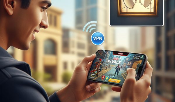جوانی در ایران در حال بازی Marvel Rivals با گوشی موبایل و استفاده از VPN برای رفع مشکل اتصال.