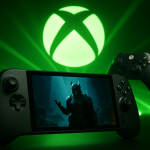 تصویری تبلیغاتی از رویداد Xbox Games Showcase 2025 که صحنه‌هایی از بازی‌ها و سخت‌افزارهای آینده‌نگرانه را نمایش می‌دهد.