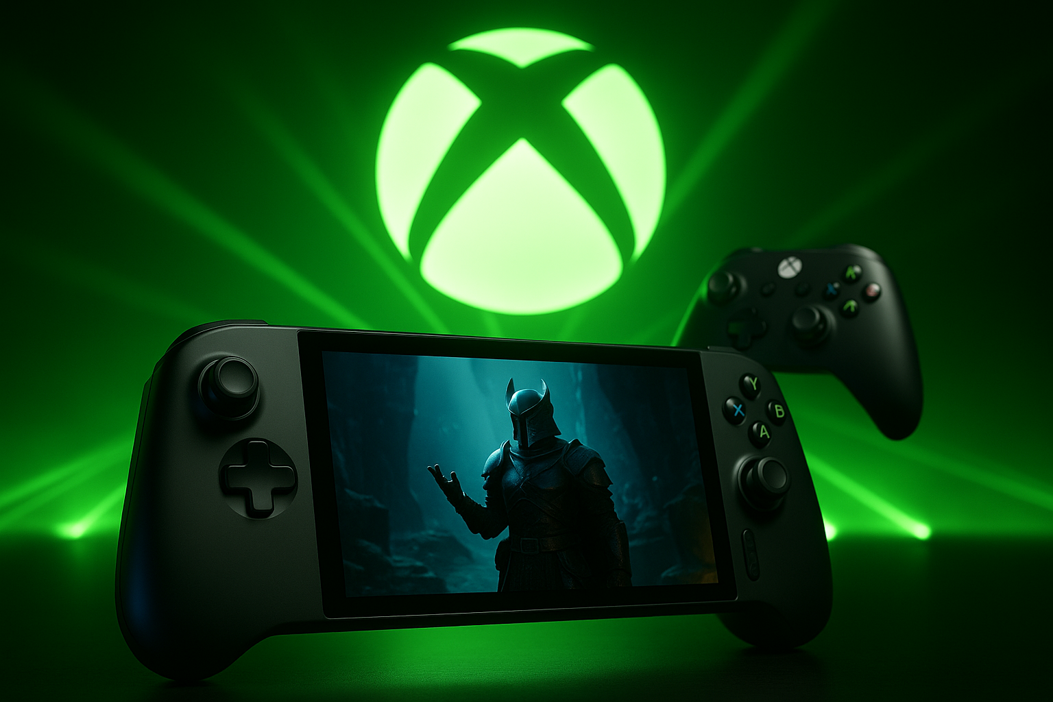 تصویری تبلیغاتی از رویداد Xbox Games Showcase 2025 که صحنه‌هایی از بازی‌ها و سخت‌افزارهای آینده‌نگرانه را نمایش می‌دهد.
